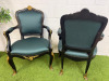 Pair of Regency Style Gilt & Black Lacquered Armchairs with Forest Green Satin Upholstery in Classic French Regency Style. NOTE: arm requires glued, missing a few nails. - 4