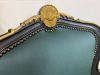 Pair of Regency Style Gilt & Black Lacquered Armchairs with Forest Green Satin Upholstery in Classic French Regency Style. NOTE: arm requires glued, missing a few nails. - 5