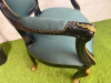 Pair of Regency Style Gilt & Black Lacquered Armchairs with Forest Green Satin Upholstery in Classic French Regency Style. NOTE: arm requires glued, missing a few nails. - 6