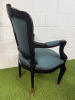 Pair of Regency Style Gilt & Black Lacquered Armchairs with Forest Green Satin Upholstery in Classic French Regency Style. NOTE: arm requires glued, missing a few nails. - 7