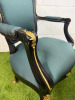 Pair of Regency Style Gilt & Black Lacquered Armchairs with Forest Green Satin Upholstery in Classic French Regency Style. NOTE: arm requires glued, missing a few nails. - 10