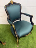 Pair of Regency Style Gilt & Black Lacquered Armchairs with Forest Green Satin Upholstery in Classic French Regency Style. NOTE: arm requires glued, missing a few nails. - 13
