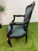 Pair of Regency Style Gilt & Black Lacquered Armchairs with Forest Green Satin Upholstery in Classic French Regency Style. NOTE: arm requires glued, missing a few nails. - 14