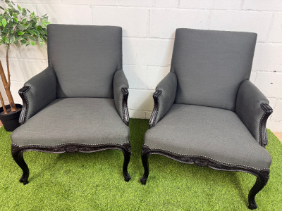 Pair of Modern Louis XV Style Upholstered Armchairs in Contemporary Slate Grey Fabric with Dark Wood Frame, Carved Motif & Stud Detail.