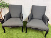 Pair of Modern Louis XV Style Upholstered Armchairs in Contemporary Slate Grey Fabric with Dark Wood Frame, Carved Motif & Stud Detail.