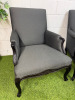 Pair of Modern Louis XV Style Upholstered Armchairs in Contemporary Slate Grey Fabric with Dark Wood Frame, Carved Motif & Stud Detail. - 2
