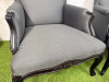Pair of Modern Louis XV Style Upholstered Armchairs in Contemporary Slate Grey Fabric with Dark Wood Frame, Carved Motif & Stud Detail. - 4