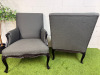 Pair of Modern Louis XV Style Upholstered Armchairs in Contemporary Slate Grey Fabric with Dark Wood Frame, Carved Motif & Stud Detail. - 5