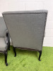 Pair of Modern Louis XV Style Upholstered Armchairs in Contemporary Slate Grey Fabric with Dark Wood Frame, Carved Motif & Stud Detail. - 6
