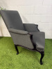Pair of Modern Louis XV Style Upholstered Armchairs in Contemporary Slate Grey Fabric with Dark Wood Frame, Carved Motif & Stud Detail. - 7