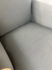 Pair of Modern Louis XV Style Upholstered Armchairs in Contemporary Slate Grey Fabric with Dark Wood Frame, Carved Motif & Stud Detail. - 8