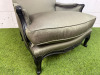 A Louis XV Style Revival Bergere Armchair in Olive Green Satin Upholstery with Black Patterned Frame with Stud Detail. - 2