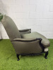 A Louis XV Style Revival Bergere Armchair in Olive Green Satin Upholstery with Black Patterned Frame with Stud Detail. - 4