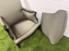 A Louis XV Style Revival Bergere Armchair in Olive Green Satin Upholstery with Black Patterned Frame with Stud Detail. - 9