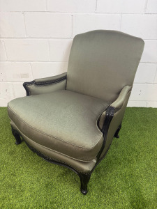 A Louis XV Style Revival Bergere Armchair in Olive Green Satin Upholstery with Black Patterned Frame with Stud Detail.
