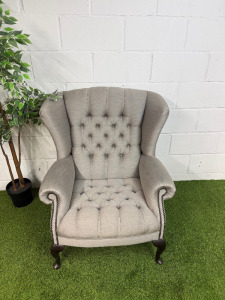 Chesterfield Queen Anne Style High Back Grey Upholstered Armchair with Stud Detail.