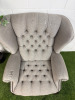 Chesterfield Queen Anne Style High Back Grey Upholstered Armchair with Stud Detail. - 2
