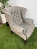 Chesterfield Queen Anne Style High Back Grey Upholstered Armchair with Stud Detail. - 6