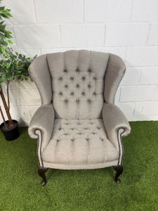Chesterfield Queen Anne Style High Back Grey Upholstered Armchair with Stud Detail.