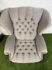 Chesterfield Queen Anne Style High Back Grey Upholstered Armchair with Stud Detail. - 2