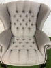 Chesterfield Queen Anne Style High Back Grey Upholstered Armchair with Stud Detail. - 3