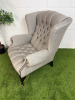 Chesterfield Queen Anne Style High Back Grey Upholstered Armchair with Stud Detail. - 6