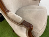 A Louis XV Style Walnut Bergere Armchair in Neutral Coloured Velvet Effect Upholstery. NOTE: requires minor repairs to backrest where fabric separated from frame. - 4