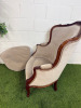 A Louis XV Style Walnut Bergere Armchair in Neutral Coloured Velvet Effect Upholstery. NOTE: requires minor repairs to backrest where fabric separated from frame. - 6