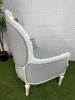 A French Baroque-Style Medallion Armchair in White Wood with Light Blue Pattern Upholstery. - 6