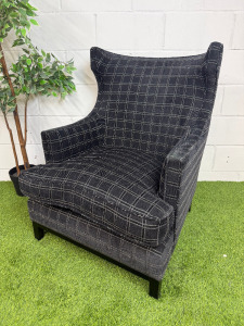 Farmhouse Wing Back Lounge Chair in Charcoal Plaid Upholstery on Wooden Frame Legs.