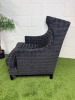 Farmhouse Wing Back Lounge Chair in Charcoal Plaid Upholstery on Wooden Frame Legs. - 2