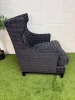 Farmhouse Wing Back Lounge Chair in Charcoal Plaid Upholstery on Wooden Frame Legs. - 4