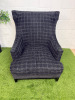 Farmhouse Wing Back Lounge Chair in Charcoal Plaid Upholstery on Wooden Frame Legs. - 5