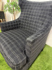 Farmhouse Wing Back Lounge Chair in Charcoal Plaid Upholstery on Wooden Frame Legs. - 6