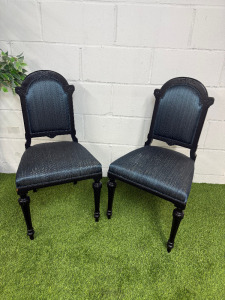 Pair of Small Vintage Elegant Matte Black Wood Frame Chairs with Royal Blue Upholstery.