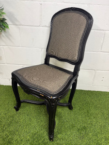 A French Provincial Style Black Lacquered Chair with Taupe & Black Woven Upholstery. NOTE: requires minor repair to seat pad where fabric separated from frame.