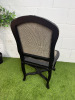 A French Provincial Style Black Lacquered Chair with Taupe & Black Woven Upholstery. NOTE: requires minor repair to seat pad where fabric separated from frame. - 3