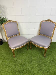 Pair of French Louis XV Style Accent Chairs in Gold Leaf Wooden Frame with Mauve Upholstery & 2 Front Castors.