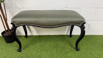 A Traditional Queen Anne Style Long Bench or Footstool in Black with Sage Green Upholstery & Stud Detail. Size H54 x W90 x D42cm.