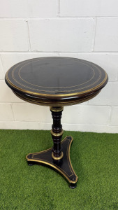 Vintage Regency Style Dark Wood & Brass Accented Round Occasional Table on Turned Centre Column & Triangle Base with Wood Feet. Size H81 x Dia 52cm. NOTE: some brass inlay requires minor repair.