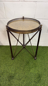 Vintage French Neoclassical Style Brass Accent Table with Glass Round Top on Tripod Base with Crossed Stretchers. Size H60 x Dia 41cm.