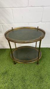Vintage Brass & Green Leather Inlay, Two Tier Trolley with Pine Cone Finials. Size H55 x W54 x D39cm.