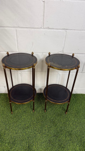 Pair of Vintage Brass & Green Leather Inlay, Two Tier Side Tables with Acorn Finials. Size H59 x Dia 30cm.