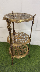 Vintage Ornate Brass Three Tier Side Table. Size H53 x Dia 29cm.