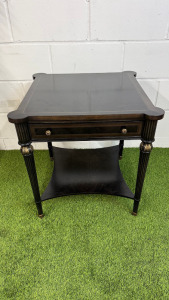 Regency English Style Side Table in Black with Single Draw, Side Extensions & Brass Cap Feet. Size H65 x 61 x 61cm.