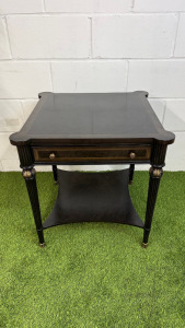 Regency English Style Side Table in Black with Single Draw, Side Extensions & Brass Cap Feet. Size H65 x 61 x 61cm.