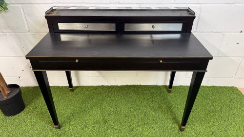 Elegant Dark Wood Writing Desk with Brass Detail & Gallery with Two Antique Mirrored Draws. Size H80 x W100 x D50cm.