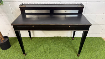 Elegant Dark Wood Writing Desk with Brass Detail & Gallery with Two Antique Mirrored Draws. Size H80 x W100 x D50cm.