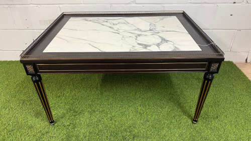Elegant Dark Wood Coffee Table with Marble Insert, Brass Detail & Gallery with Tapered Colum Legs. Size H51 x W100 x D74cm. NOTE: minor chip to marble.