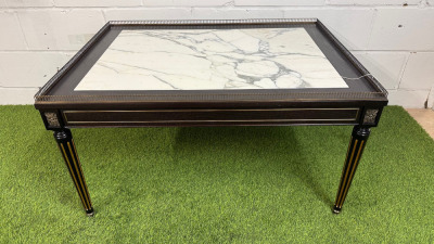 Elegant Dark Wood Coffee Table with Marble Insert, Brass Detail & Gallery with Tapered Colum Legs. Size H51 x W100 x D74cm. NOTE: minor chip to marble.